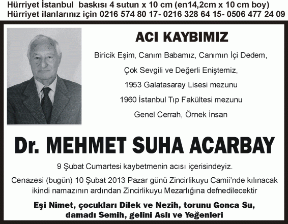 4sutun 10cm vefat ilanı örneği Dr Mehmet Suha 09 Şubat 2013