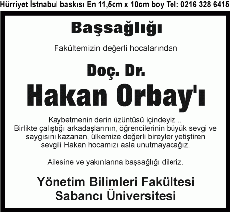 başsağliği ilanı sabancı üniversitesi doc. dr. hakan orbay