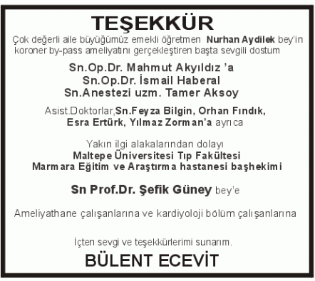 Bülent Ecevit Doktora teşekkür ilanı