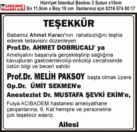 doktora teşekkür ilanı Prof Dr Ahmet Dobrucalı 3x10cm