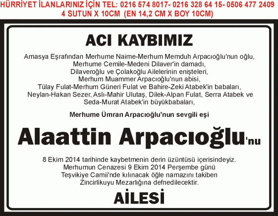 ölüm ilanı hürriyet alaattin arpacıoğlu ailesi 4sutun 10cm