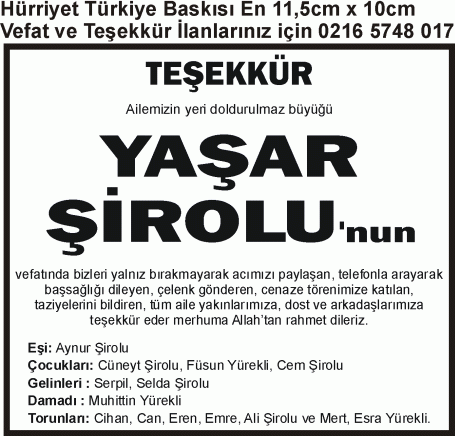 teşekkür ilanı 3 x 10 Yaşar Şirolu hürriyet Türkiye baskısı 17 Ağustos