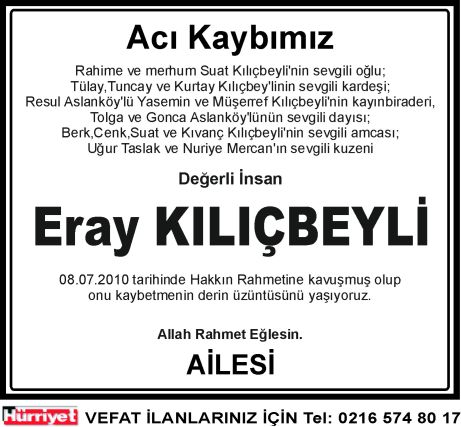 Vefat ilanı Eray Kılıçbeyli Hürriyet Gazetesi