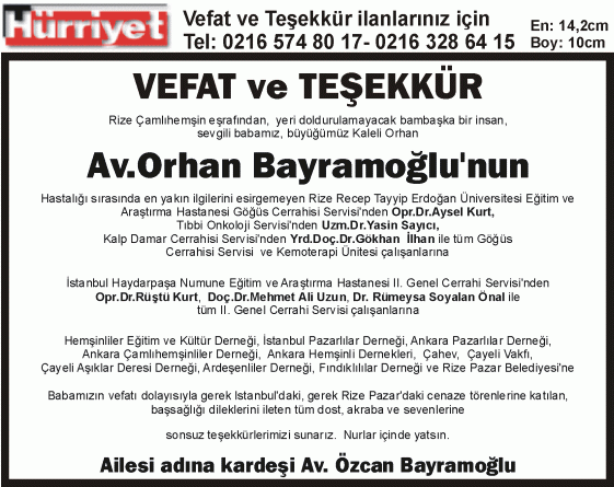 vefat ve teşekkür ilanı 4 sutun 10cm avukat bayramoğlu 19 ocak 2013