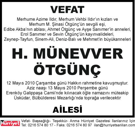 Vefat ilanı örneği Hürriyet Gazetesi Münevver Ötgünç