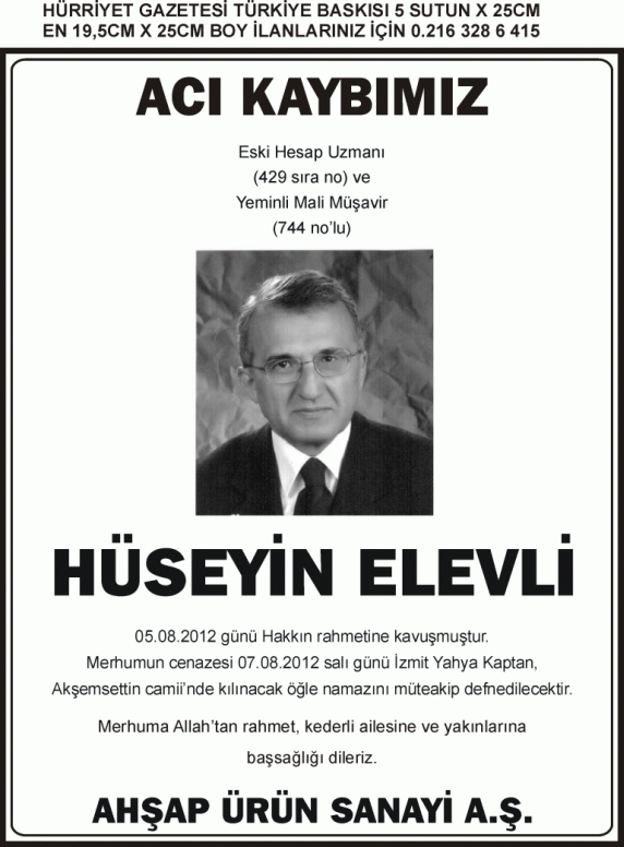 Ağustos 2012 hürriyet gazetesi türkiye geneli vefat ilanı hüseyin elevl