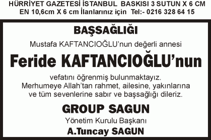 3sutun x 6cm hürriyet başsağlığı ilanı feride kaftancıoğlu 19 ocak 2013