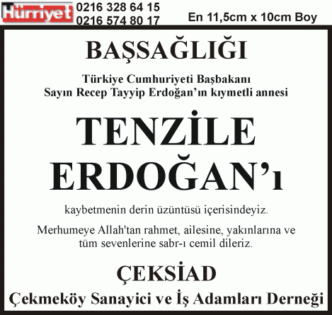 taziye ilanı tenzile erdoğan 3sutunx10cm